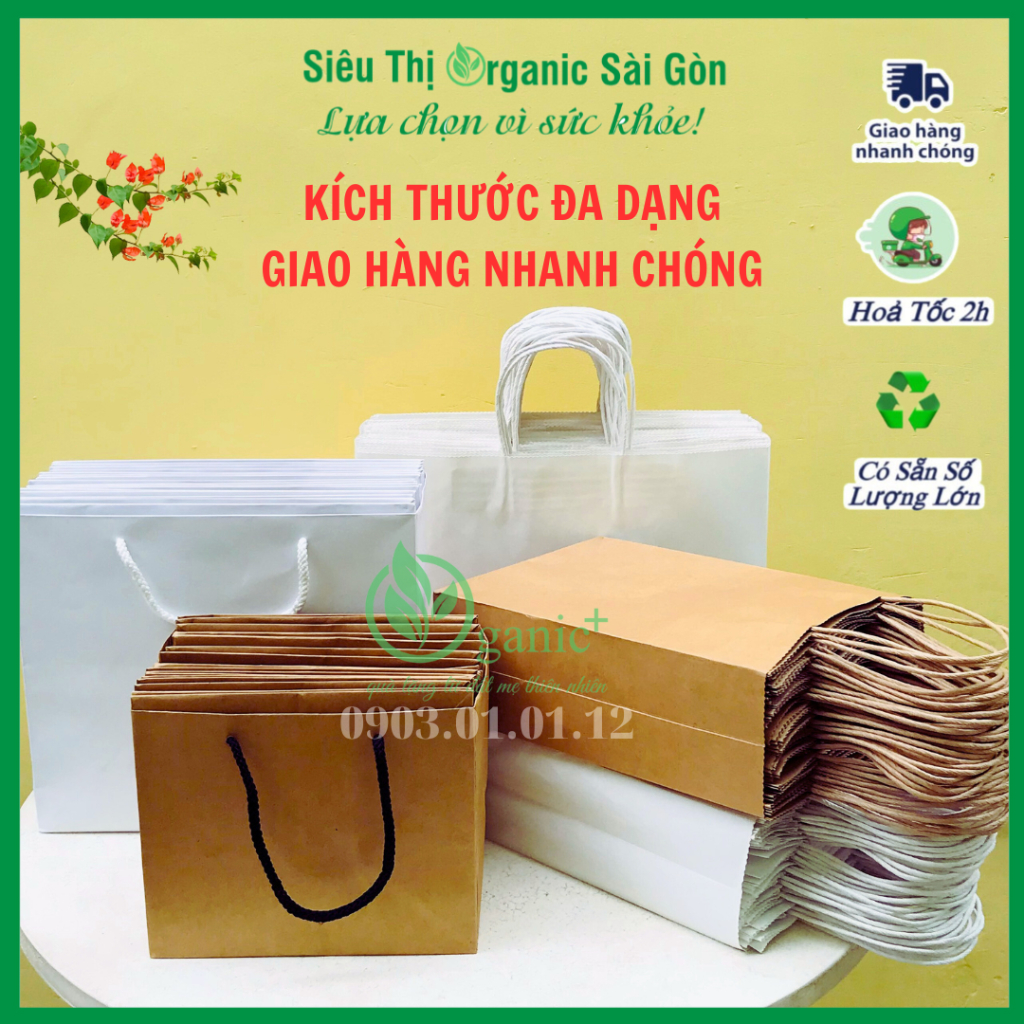 (Đủ size) Set 10 Túi kraft có quai cao cấp nhiều kích thước, túi xách giấy đựng giày dép mỹ phẩm, sticker cảm ơn
