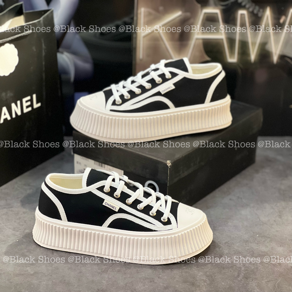 Giày Thể Thao Nữ Đế Bánh Mỳ Chanel Đen Sọc Trắng Hot Trend Cao Cấp Vintage Black White