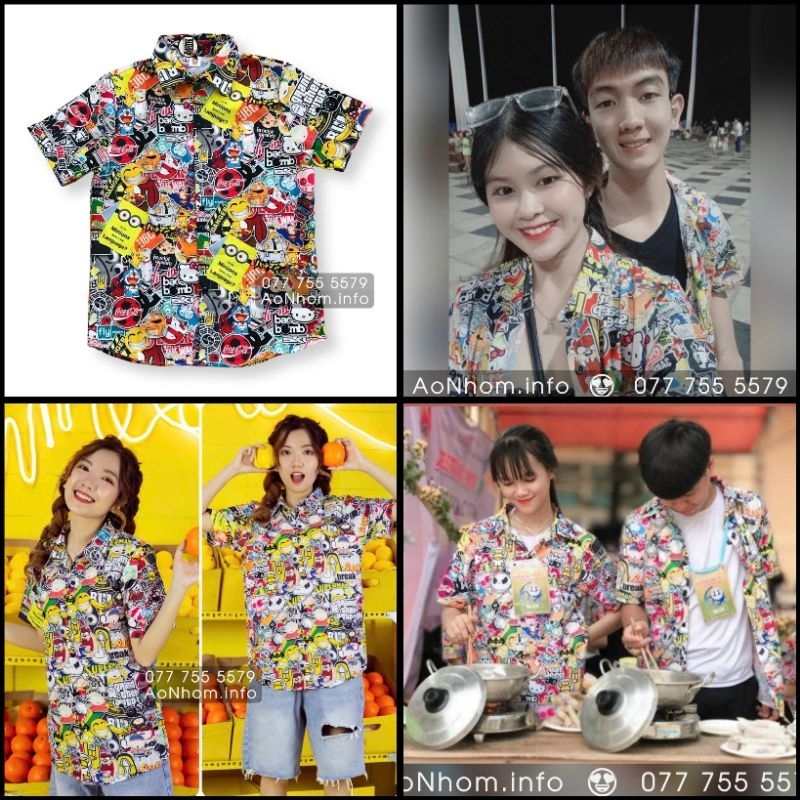 Áo Sơ Mi Hoạt Hình Đi Biển Nam Nữ, Áo Nhóm Đi Biển- Stickers, Minions, Hello Kitty