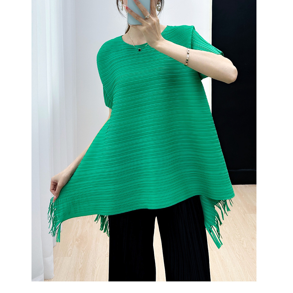 (HÀNG SẴN) Áo thun lò xo tay lỡ dáng chữ A, áo thun vải nhúng form rộng dài có tua rua vạt áo, freesize 80kg