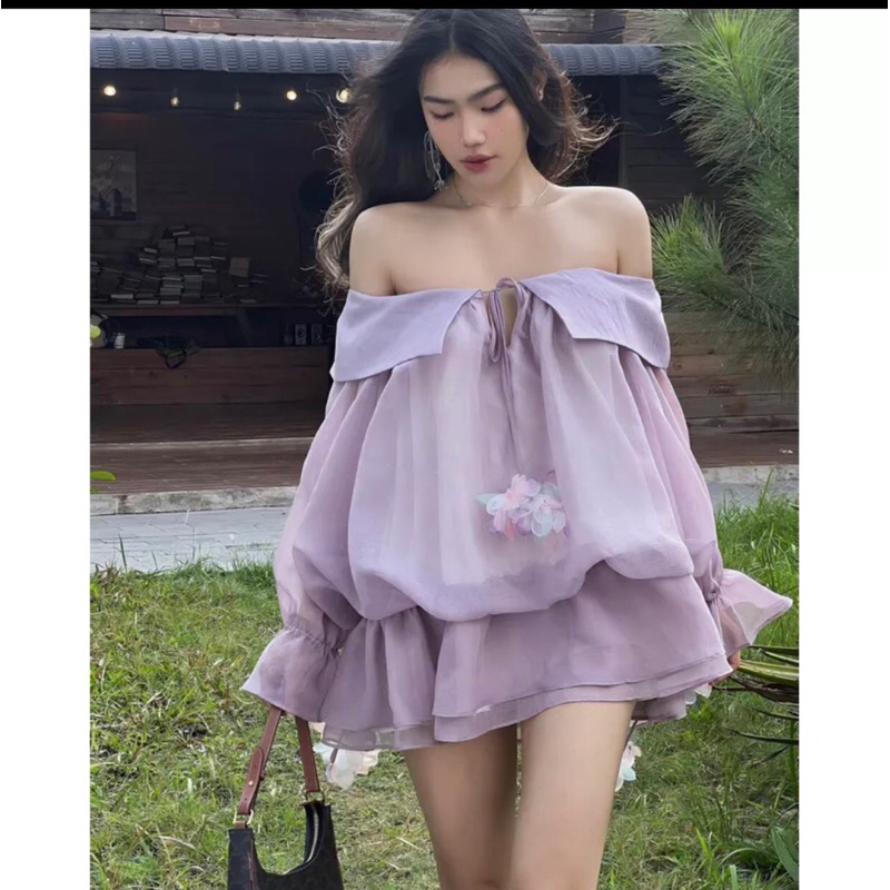 Đầm Mini Dress Trễ Vai Phối Cổ Đuôi Xoè Hoa Tơ Cao Cấp Hàng Thiết Kế Chất Lượng Loại 1 GL Clothing - 435
