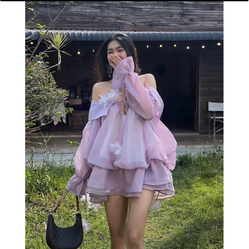 Đầm Mini Dress Trễ Vai Phối Cổ Đuôi Xoè Hoa Tơ Cao Cấp Hàng Thiết Kế Chất Lượng Loại 1 GL Clothing - 435