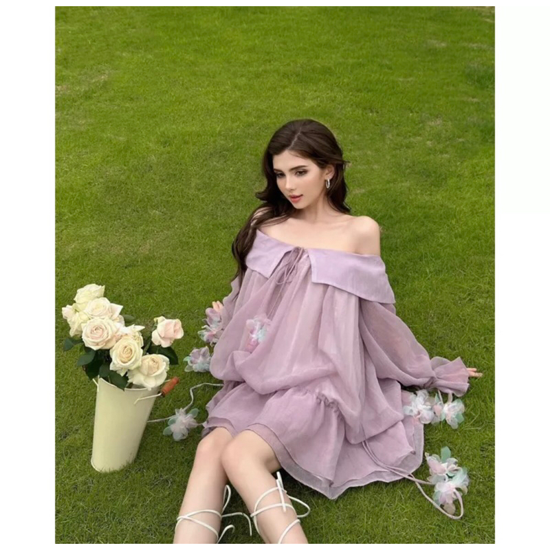 Đầm Mini Dress Trễ Vai Phối Cổ Đuôi Xoè Hoa Tơ Cao Cấp Hàng Thiết Kế Chất Lượng Loại 1 GL Clothing - 435