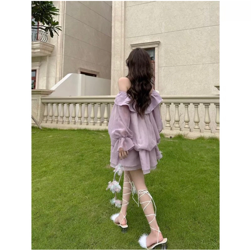 Đầm Mini Dress Trễ Vai Phối Cổ Đuôi Xoè Hoa Tơ Cao Cấp Hàng Thiết Kế Chất Lượng Loại 1 GL Clothing - 435