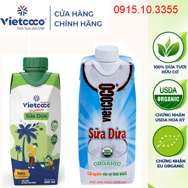 Bao sỉ -1 thùng ( 12 hộp)  Sữa Dừa ORGANIC  Vietcoco 500ml- 330ml / hộp -Organic Coconut Milk tốt cho sức khỏe