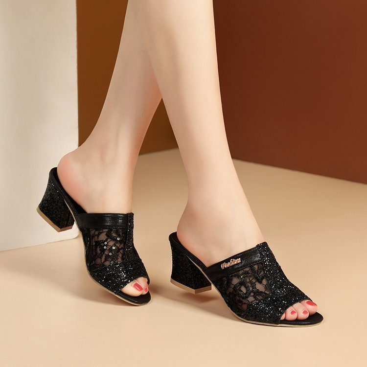 Dép nữ cao gót ren hoa kim tuyến thời trang 5cm