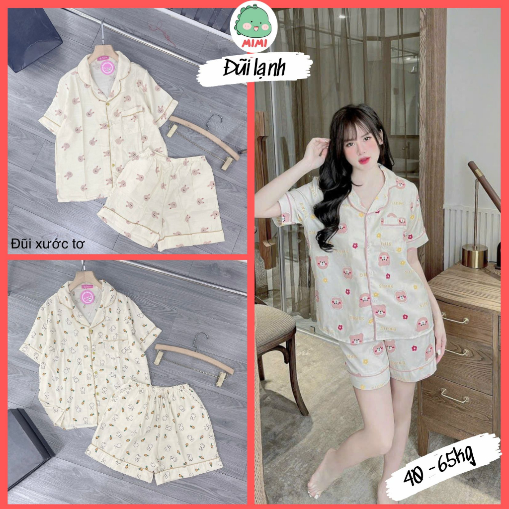 (Đũi lạnh 2023) Set bộ Pyjama quần đùi hoạ tiết gấu xinh xắn dễ thương MiMi