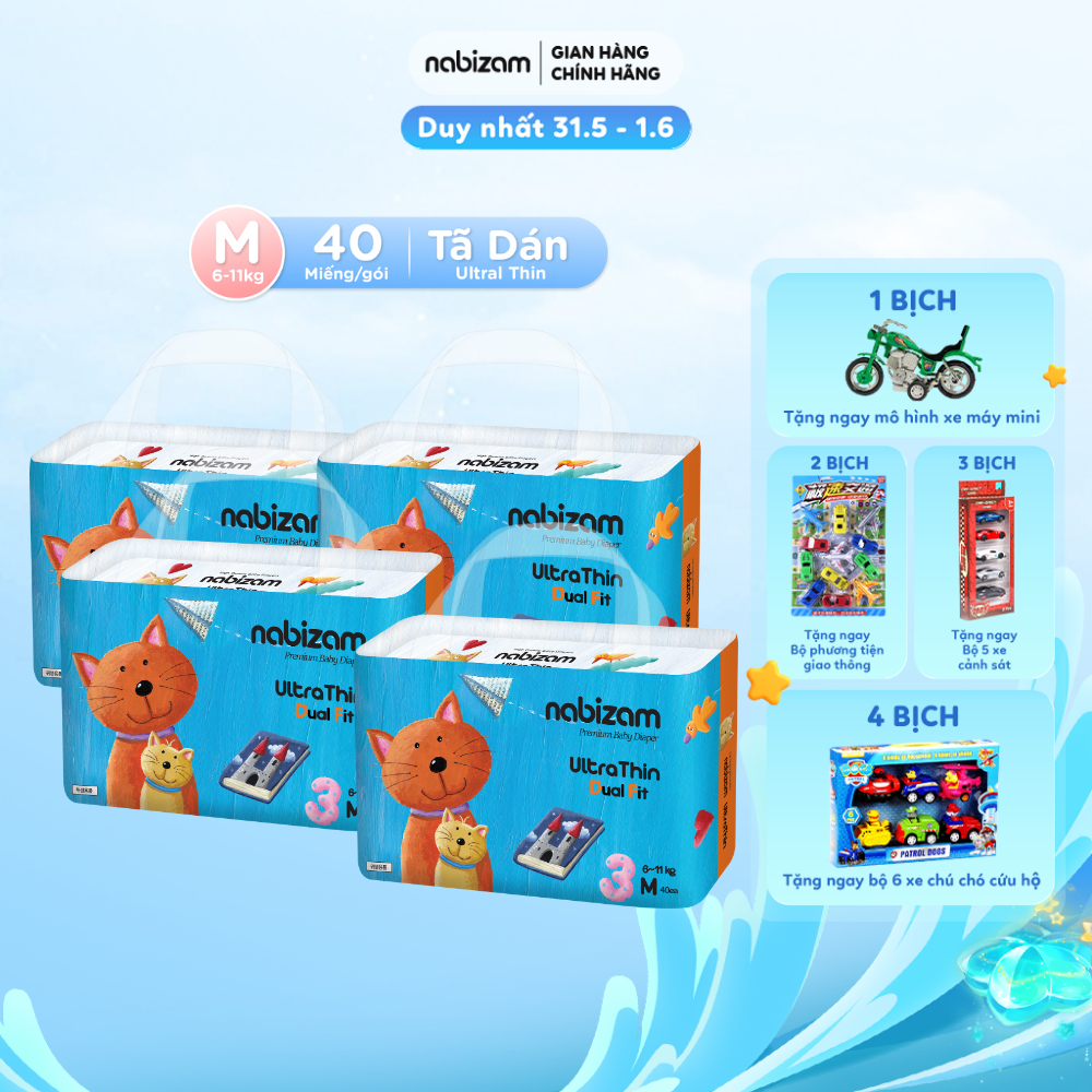 COMBO 4 Bịch Tã/Bỉm Dán NABIZAM Ultrathin Nội Địa Hàn Cao Cấp, Mỏng Và Thấm Hút Tối Ưu Size M Cho Bé 6-11Kg 40 Miếng
