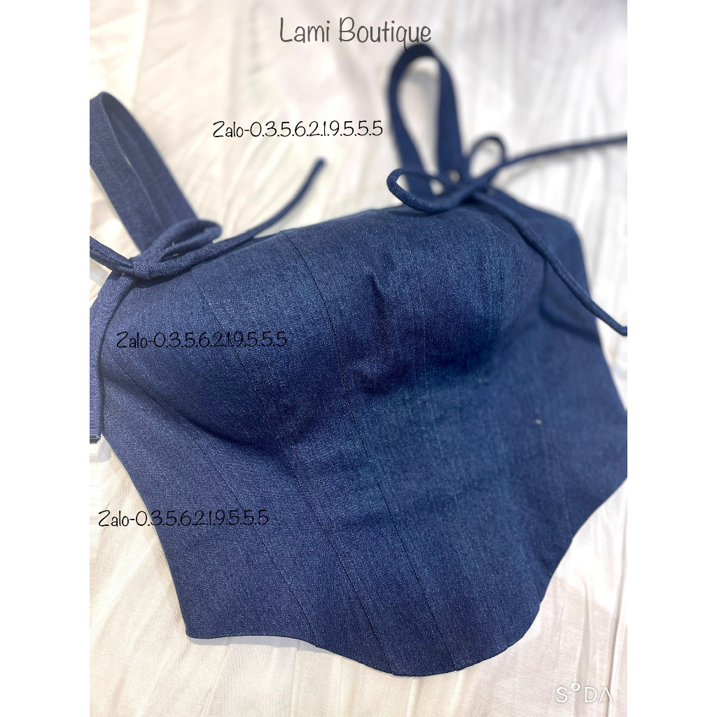 Set áo corset denim và chân váy kaki thô mềm, dáng dài 95cm