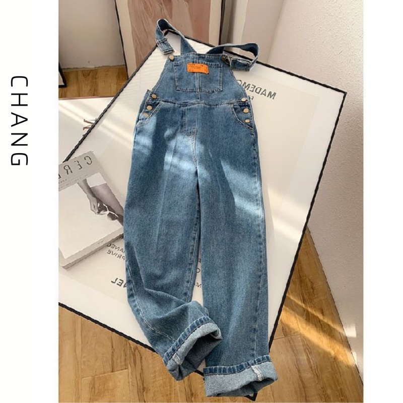 Quần yếm jeans phong cách retro cho nữ mùa hè thiết kế ống suông rộng Quần yếm liền thân cho nữ