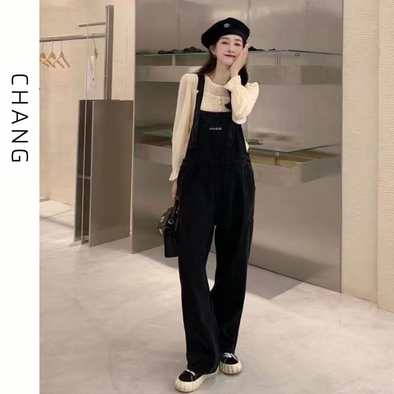 Quần yếm jeans đen tuyền ống suông đứng cho nữ phong cách Hàn Quốc năng động phù hợp học sinh sinh viên