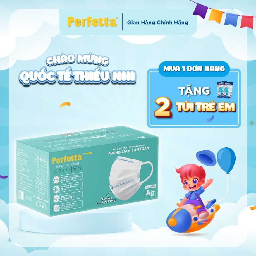 Khẩu Trang Cao Cấp Chuẩn Nhật Perfetta Premium AG+, 2 Thanh Nẹp Thông Thoáng (40 cái/hộp)
