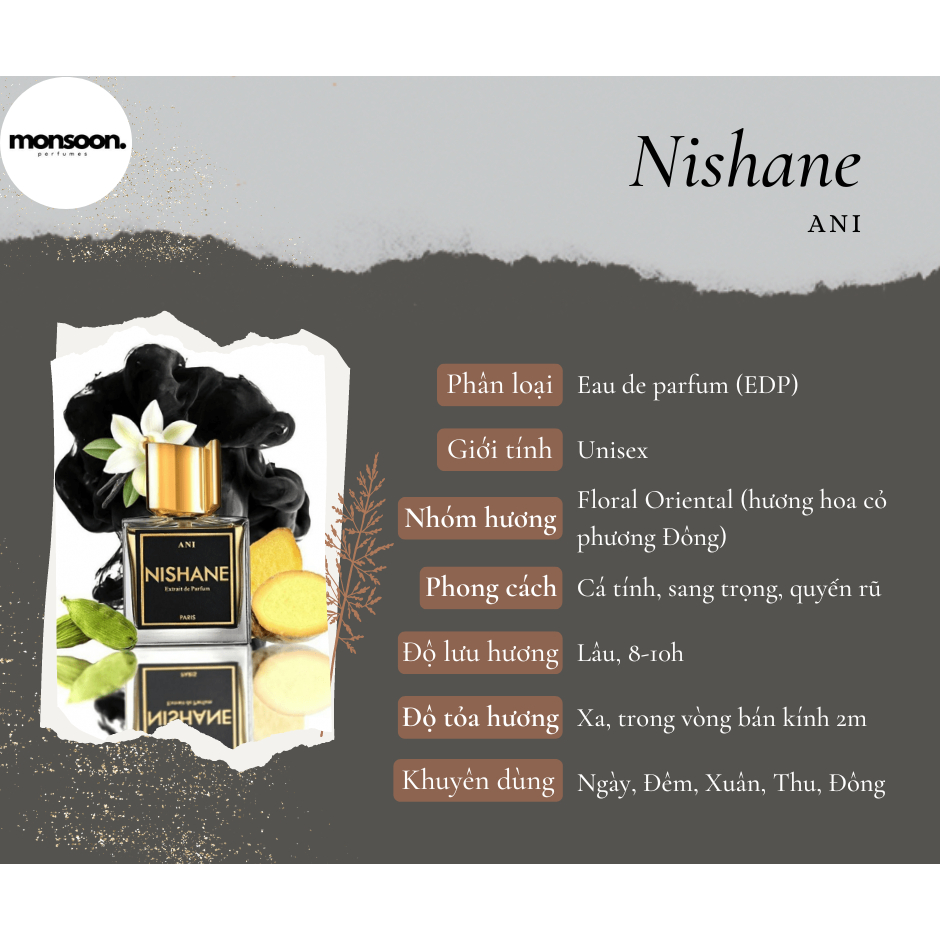 [10-50ml] Nước hoa nam nữ (unisex) Nishane Ani EDP cao cấp Monsoon thơm lâu mùi vani ngọt ngào quyến rũ sang trọng