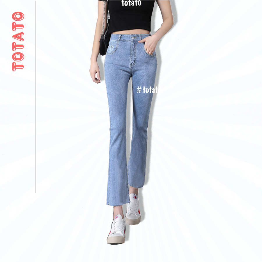 Quần jean nữ ống loe lửng cắt gấu lưng cao co giãn phong cách ống loe cạp cao chất cao cấp (J52)