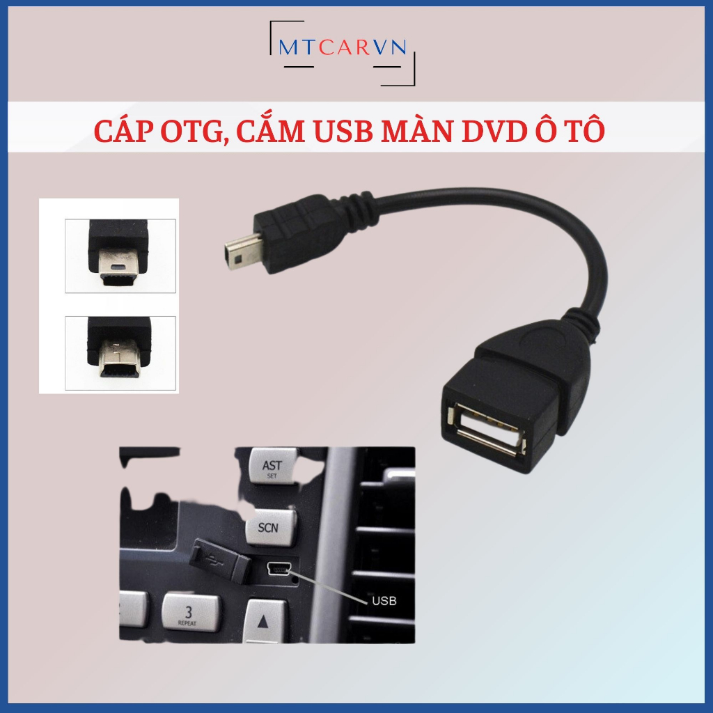Cáp OTG đầu vuông Mini USB to USB. Cáp cắm USB ô tô