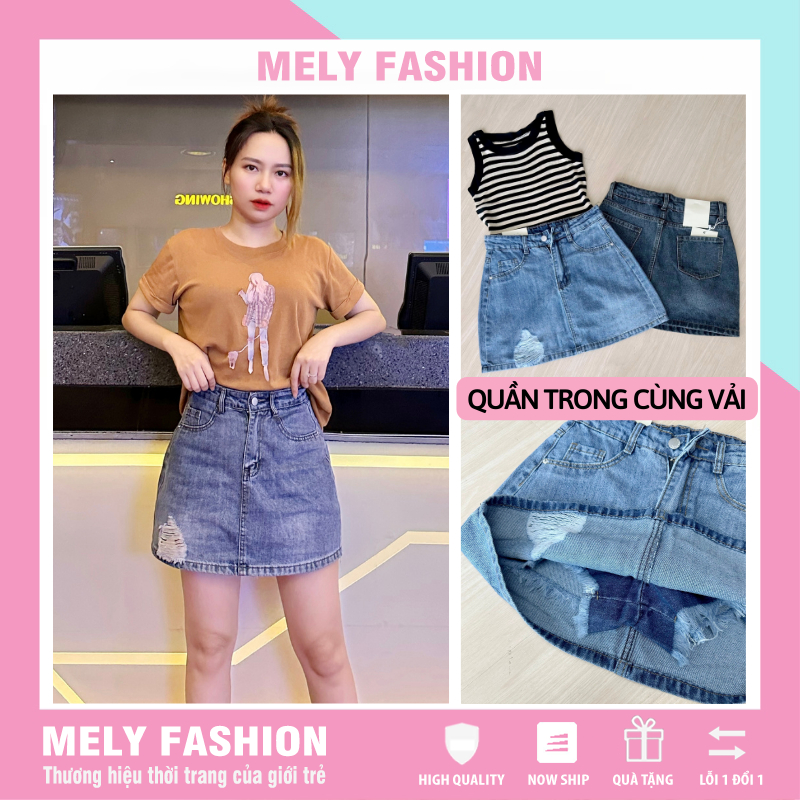 Chân váy Jean bò dáng ngắn chữ A nữ form bồng rách có quần trong bảo hộ tôn dáng phong cách Hàn quốc trẻ trung CV65