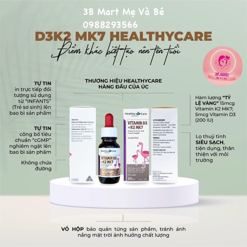 Vitamin D3 K2 MK7 Healthy Care Úc 25ml Cho Trẻ Sơ Sinh