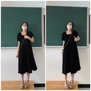 Đầm váy đen rút dây eo dáng dài tiểu thư