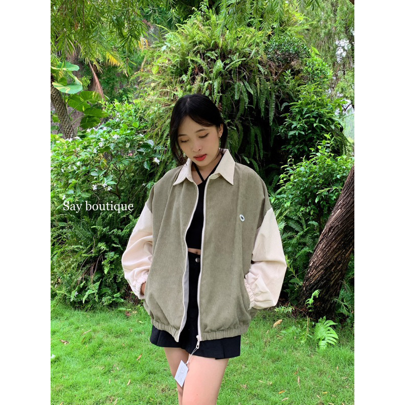 Áo khoác Bomber nhung phối kem - Form rộng unisex nam nữ - Áo khoác nhung phối kem