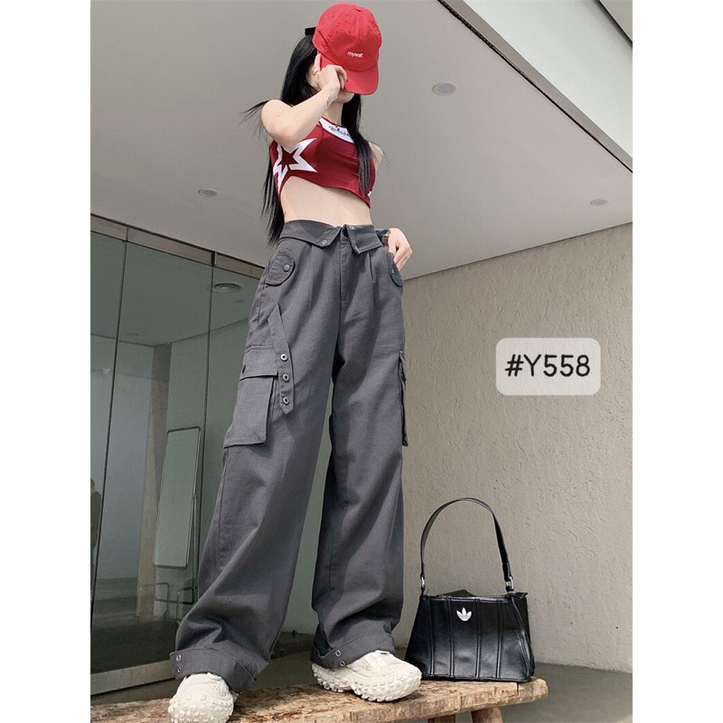 Quần ống suông kai Eo Gập túi hộp 3 nút unisex, Quần kaki ông rộng unisex túi hộp bẻ đai phong cách ulzzang 558