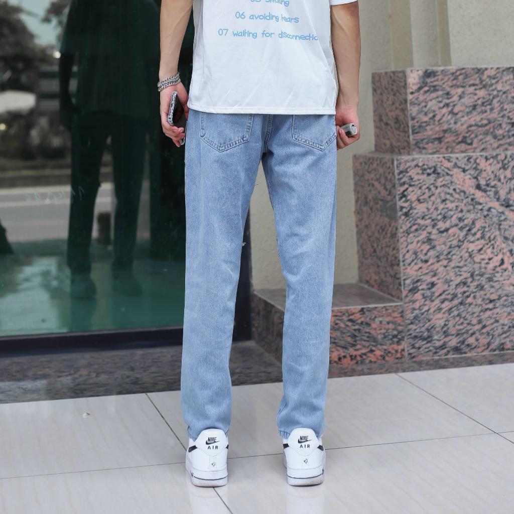 Quần jean baggy nam nữ ống rộng màu xanh rách 2 bên pon.mens