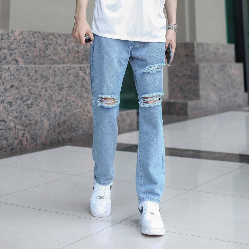 Quần jean baggy nam nữ ống rộng màu xanh rách 2 bên pon.mens