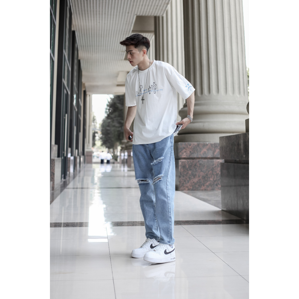 Quần jean baggy nam nữ ống rộng màu xanh rách 2 bên pon.mens