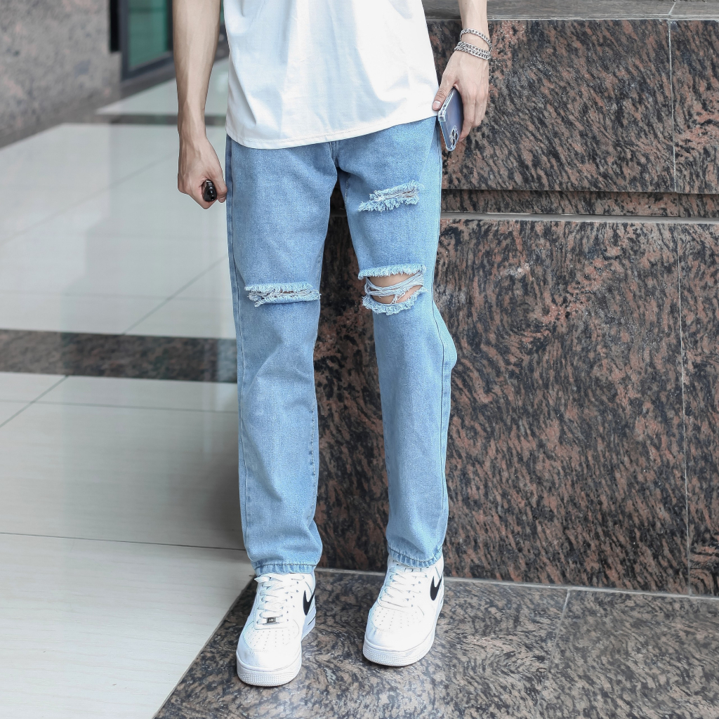 Quần jean baggy nam nữ ống rộng màu xanh rách 2 bên pon.mens