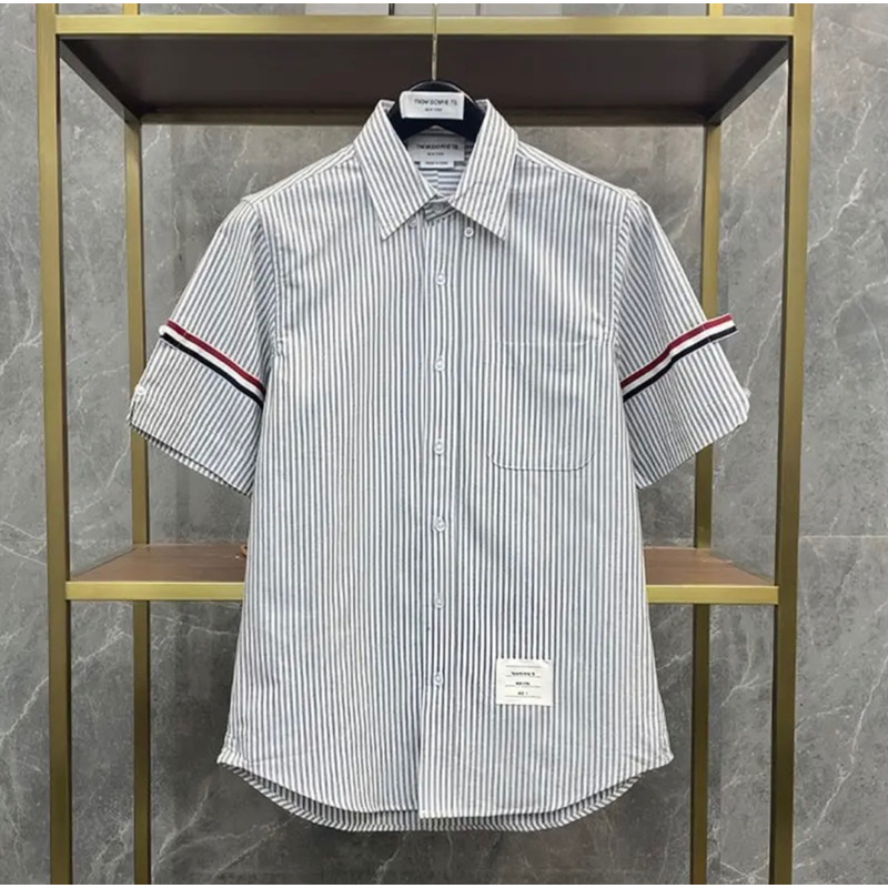 Áo Sơ Mi Thom Kẻ Sọc Xám Ngắn Tay Vải Cotton Lụa Cao Cấp