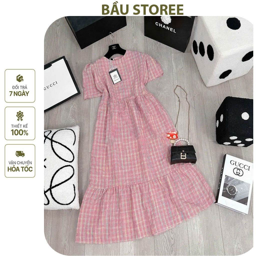 VÁY ĐẦM BẦU CÔNG SỞ DƯ TIỆC-ĐÂM BẦU BABAYDOLL KẺ CARO HỒNG DÁNG DÀI XÒE ĐIỆU ĐEP HÀNG THIẾT
