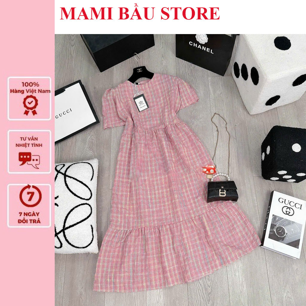 VÁY ĐẦM BẦU DỰ TIỆC CÔNG SỞ-ĐẦM BẦU THIẾT KẾ BABAYDOLL KẺ CARO HỒNG DÁNG XUÔNG DÀI XÒ