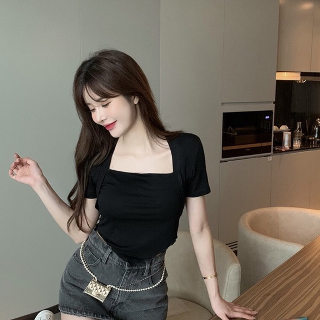 Áo Croptop Cổ Vuông Vạt Yếm Tay Ngắn Chất Cotton Mịn Co Giãn TT240