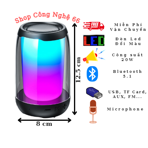 Loa Nghe Nhạc Bluetooth Pluse 4 Mini Full Led 360 Độ, Nhỏ Gọn, Chuẩn Type C, Có Cổng Kết Nối Usb, Thẻ Nhớ, Aux, Đài FM