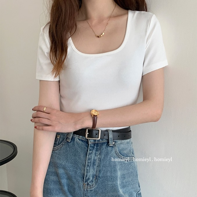 Áo thun nữ trơn cổ vuông cộc tay ngắn ôm body trắng Homieyl basic cao cấp, áo phông trơn nữ cotton đen chất vải đẹp