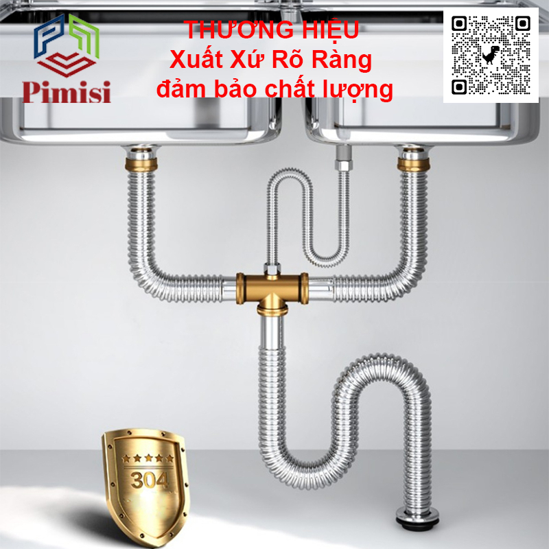 Xi Phông Chậu Rửa Bát Đôi Inox 304 Pimisi PXP-41-2 Cao Cấp Kiểu Chun Uốn - Bẻ Cong, cho Bồn Rửa Chén 2 Hố | Chính Hãng