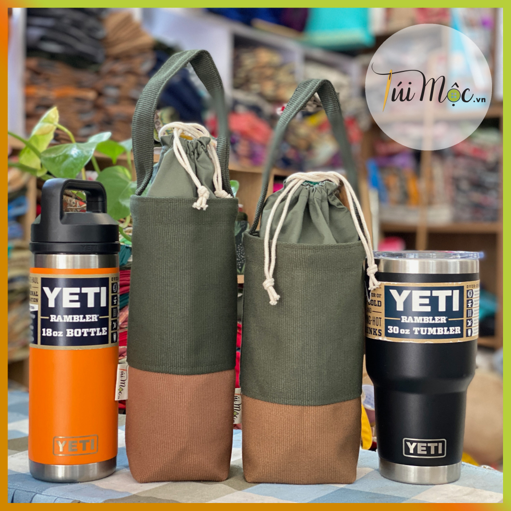 Túi Canvas màu Nâu đất - Xanh rêu đựng cốc giữ nhiệt chất liệu vải bố có dây rút cực bền