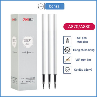 Ruột bút gel Deli A870 / A880 thân trắng mực đen ngòi 0,38mm và 0,5mm