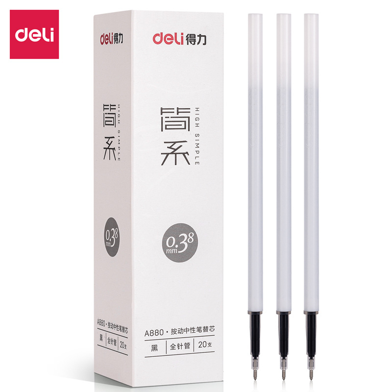 Ruột bút gel Deli A870 / A880 thân trắng mực đen ngòi 0,38mm và 0,5mm