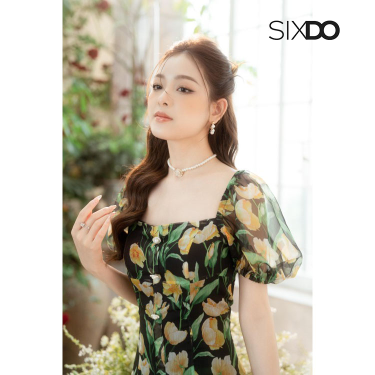 Đầm hoa midi cổ vuông tay bồng thời trang SIXDO-Z (Z-Black Wildflowers Voile Midi Dress)
