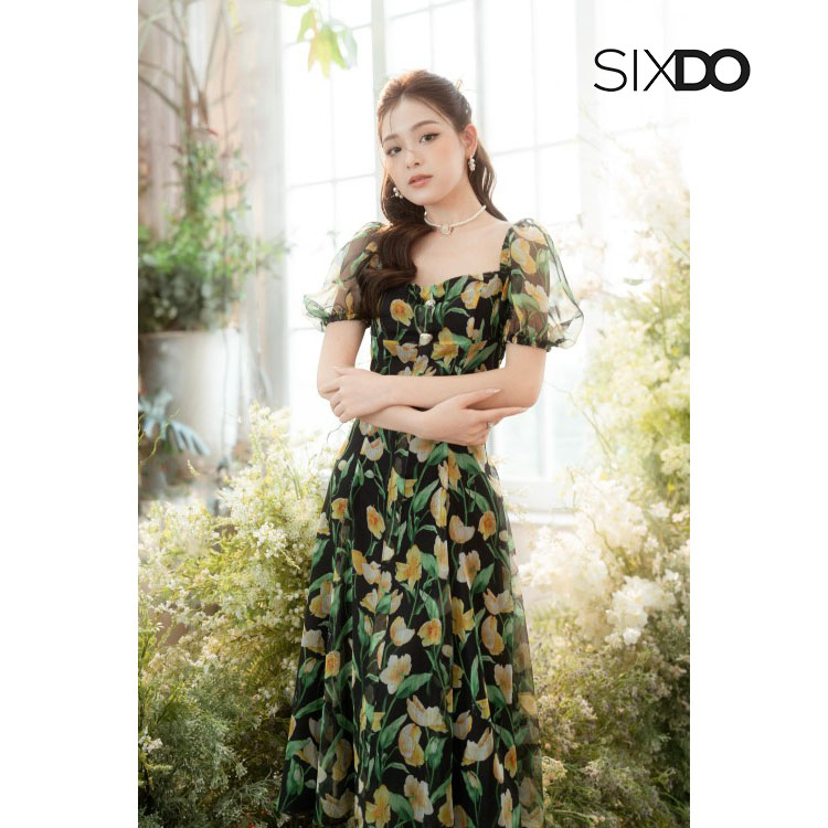 Đầm hoa midi cổ vuông tay bồng thời trang SIXDO-Z (Z-Black Wildflowers Voile Midi Dress)