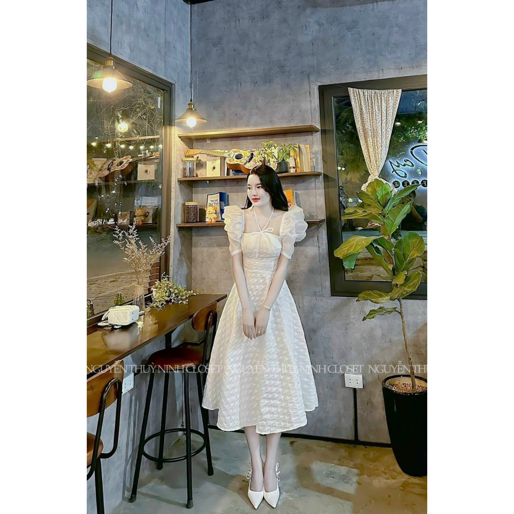 Đầm váy nữ tay phối voan xòe với hai tone màu basic, Đầm nữ dáng dài tay phồng cổ cột dây dáng maxi ôm eo