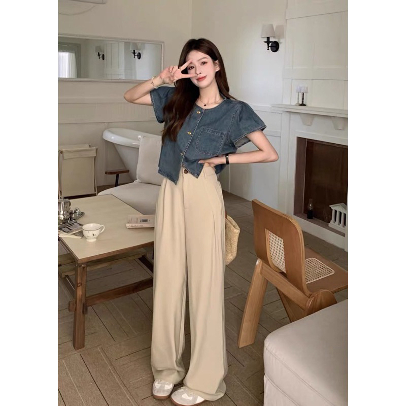 Áo sơ mi Demin chất jeans mềm tay cộc phong cách Trung kiểu mới 2023 ảnh thật cuối - hàng có sẵn