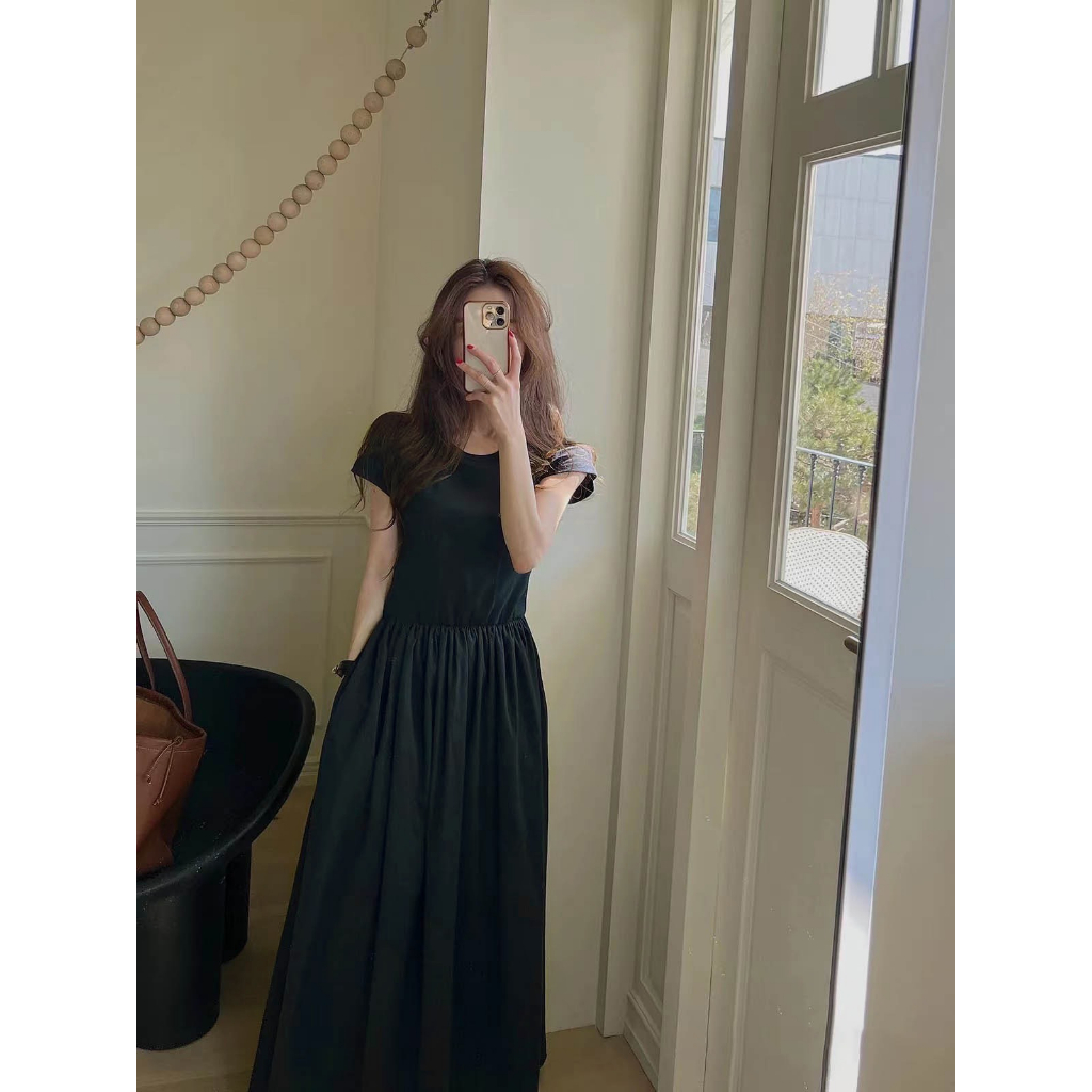 Váy thun cổ tròn siêu hack dáng chất cotton phối hợp phần chân váy bồng xòe chéo Hàn - Aurora Clothing