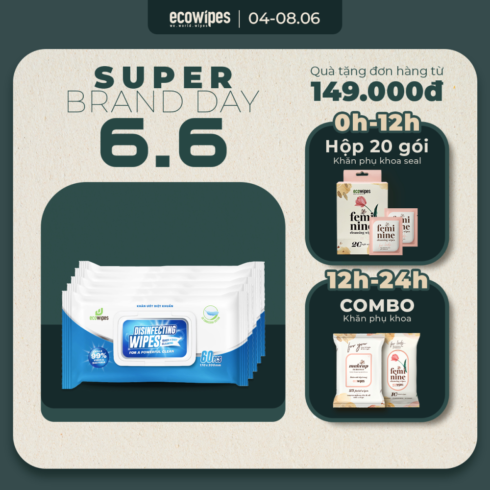 Combo 05 gói khăn giấy ướt diệt khuẩn EcoWipes gói 60 tờ diệt 99,9% vi khuẩn có hại trên nhiều bề mặt dễ dàng vệ sinh