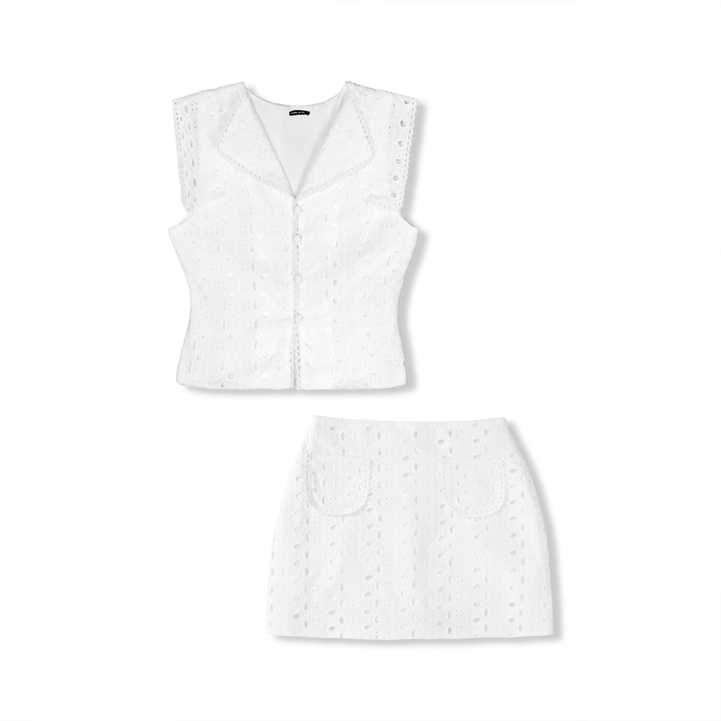 Set Nữ Áo Sleeveless Crop Skirt White, Chất Vải Ren Cotton Thoải Mái,WSB067-01,SOMEHOW