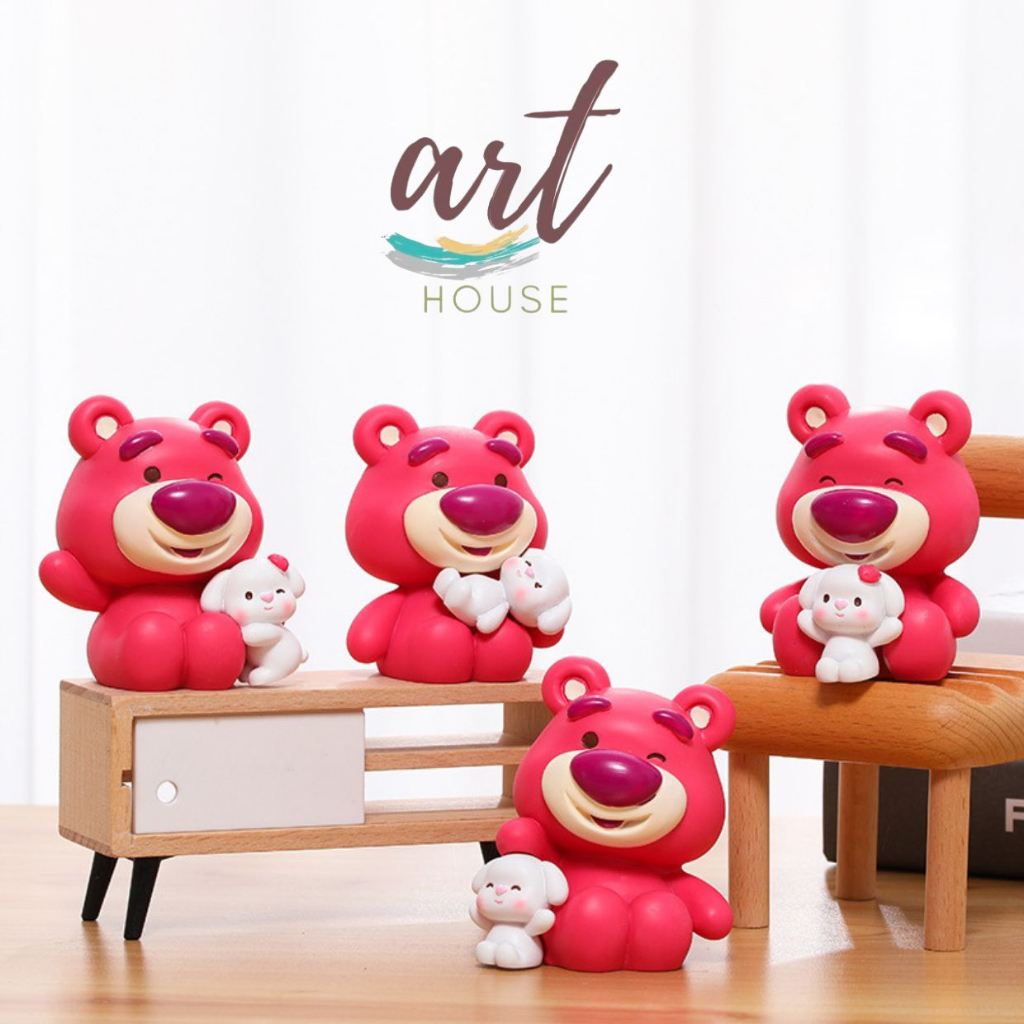 Mô Hình Gấu Dâu Mini Và Thỏ Trang Trí