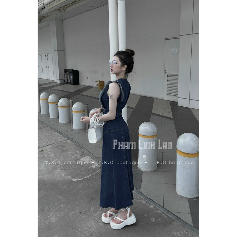 SET CROP JEAN TAY TIÊN CHÂN VÁY MIDI QC