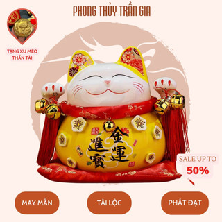 Mèo thần tài 12cm, mèo may mắn neko maneki vẫy tay Chiêu tài, chiêu lộc kèm đệm