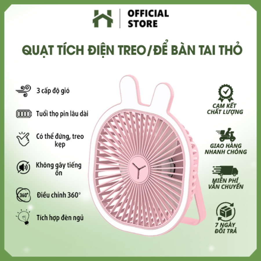 Quạt Tích Điện Mini Tai Thỏ, Quạt Để Bàn Văn Phòng Treo Tường Có Đèn Led Sạc Pin USB 3 Tốc Độ Gió Tiết Kiệm Năng Lượng