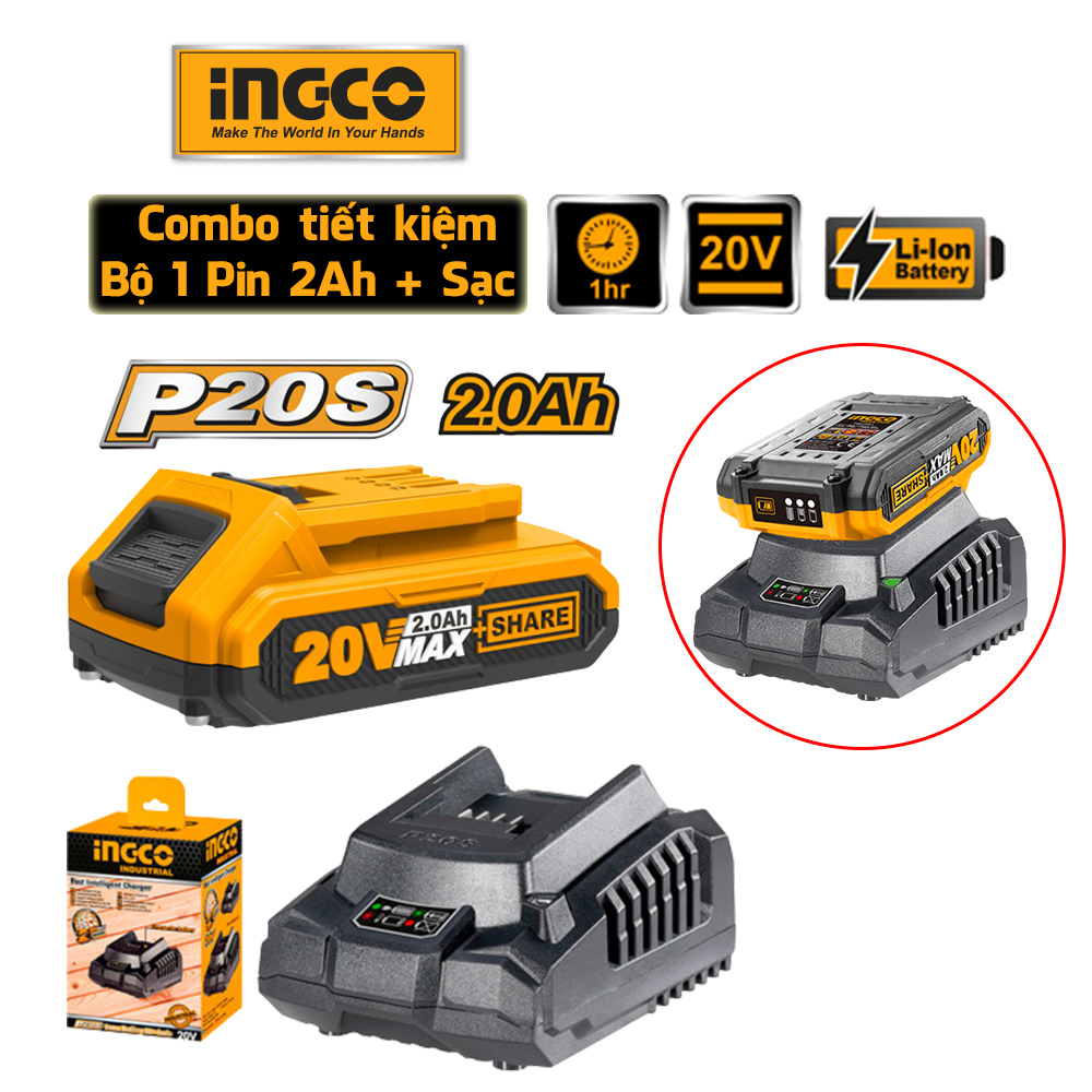 [Giá Rẻ Tiết Kiệm] Bộ Combo Pin 2 Ah 1 sạc và 4Ah 1 sạc sử dụng cho tất cả máy dùng Pin INGCO 20V giá rẻ, sạc nhanh 1h